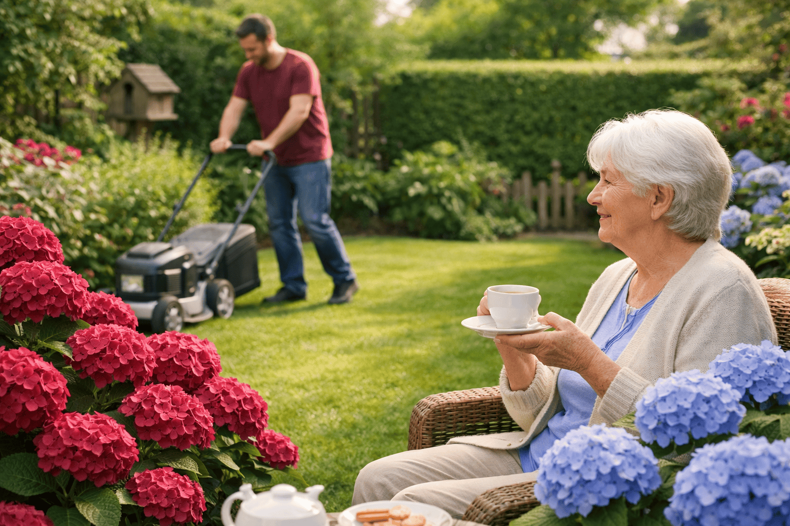 Senior woman relaxing while gardening service works | HomeServices