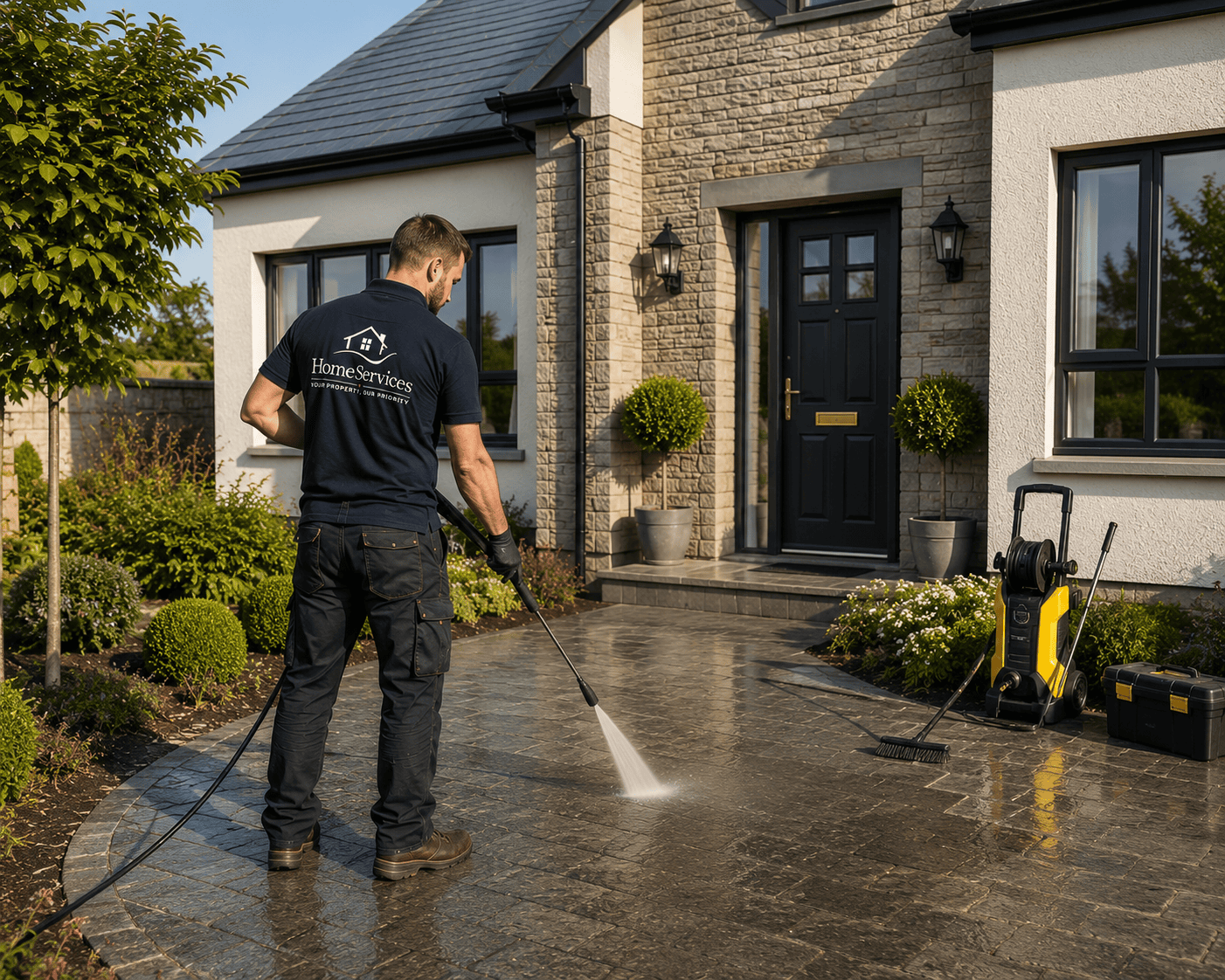 Worker pressure washing outdoor patio area | HomeServices