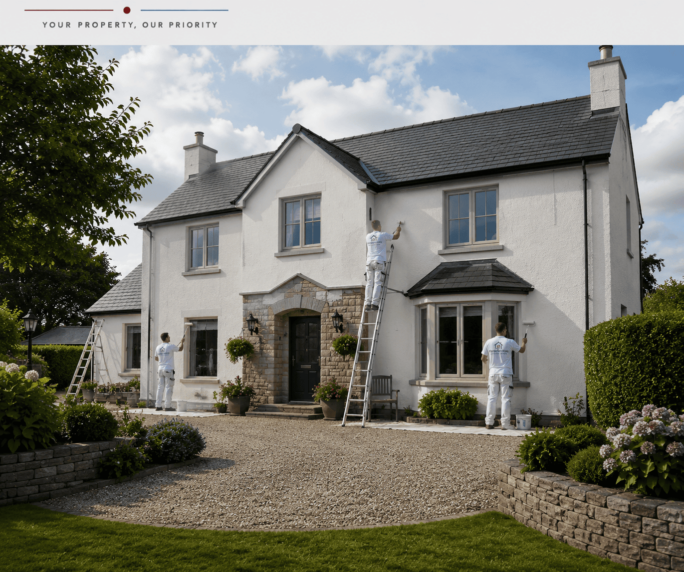 Painters on ladders working on house | HomeServices (Property)