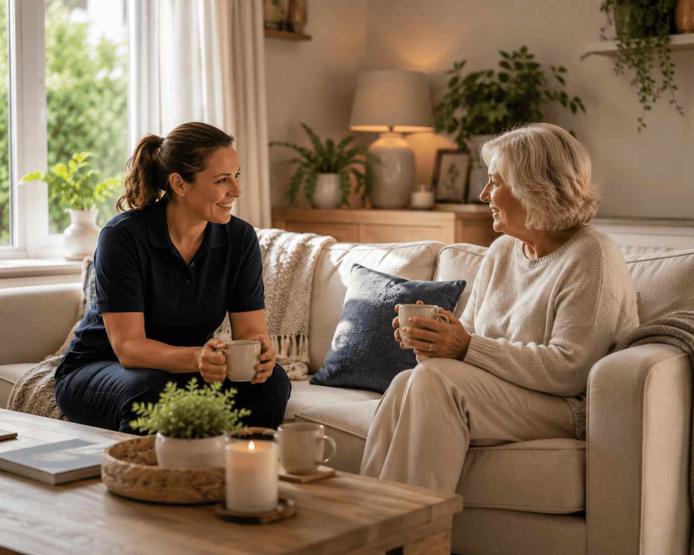 Caregiver having tea with elderly woman | HomeServices (About)