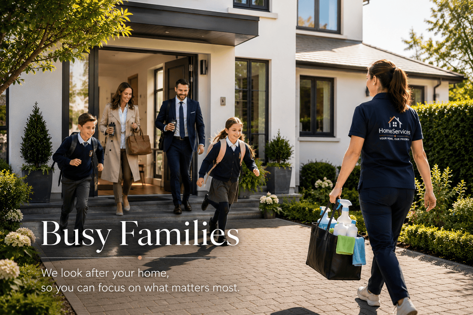 Service worker helping busy family home | HomeServices (Home Management)