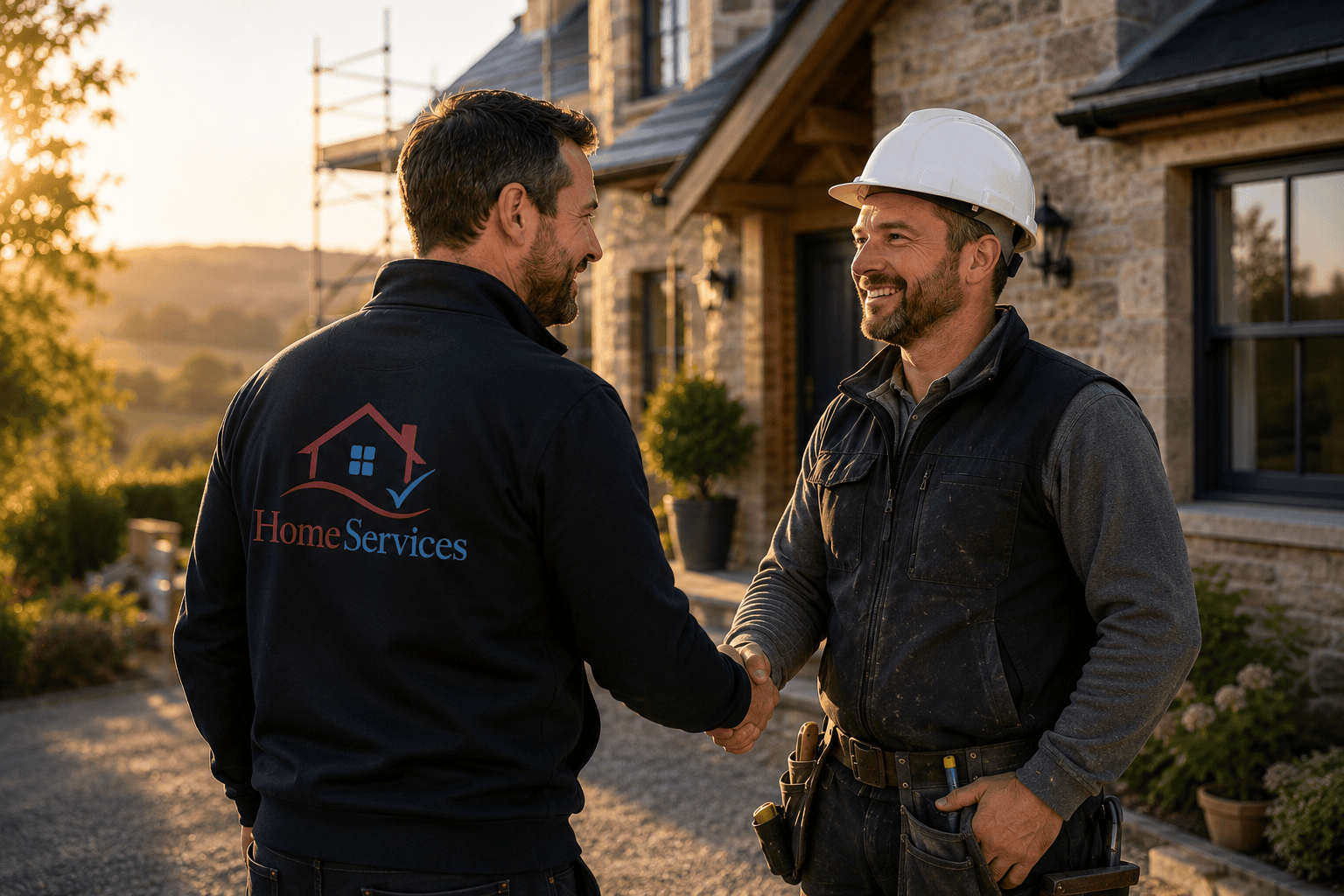 Two service workers greeting at residential home | HomeServices