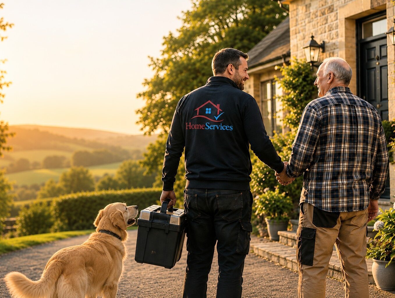 Caregiver walking with senior and dog | HomeServices (About)