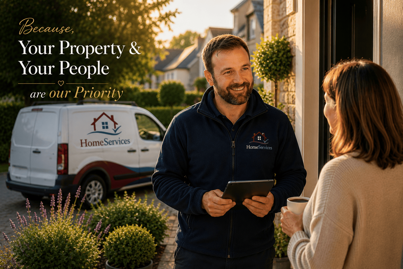 Service technician meeting with homeowner | HomeServices (Contact) (property services Waterford)