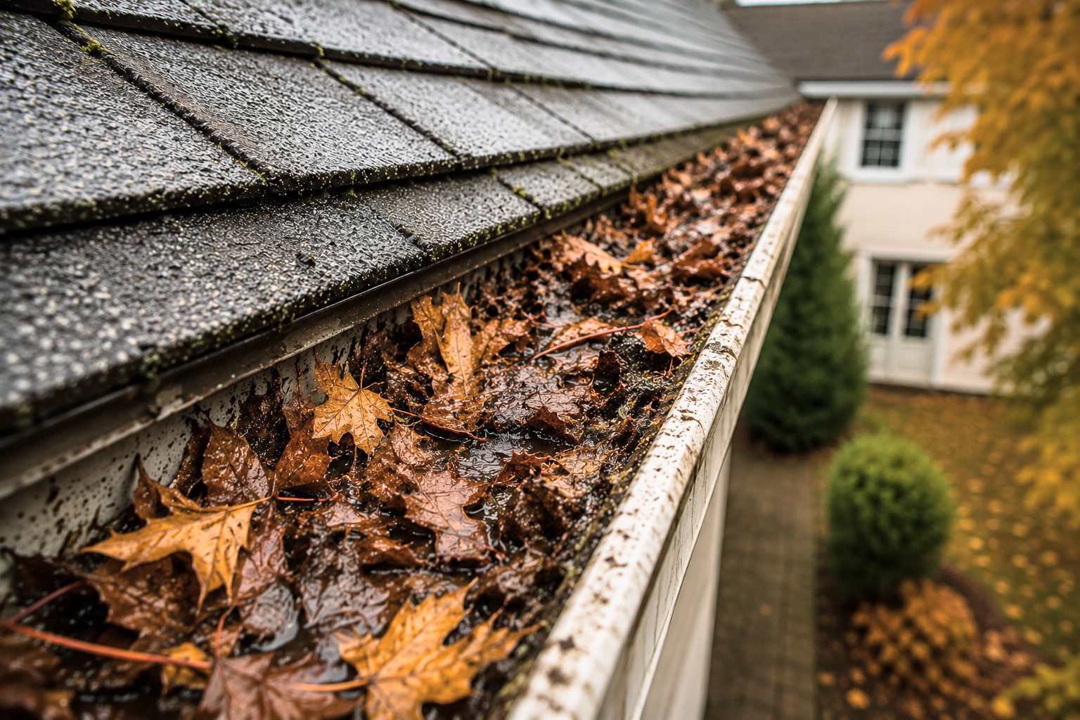 Roof gutter clogged with autumn leaves | HomeServices (Blog) (home winter)