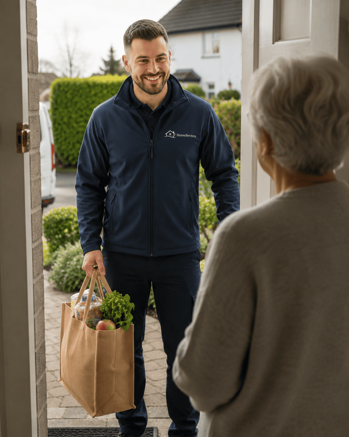 Worker delivering groceries to elderly homeowner | HomeServices (Property Services)