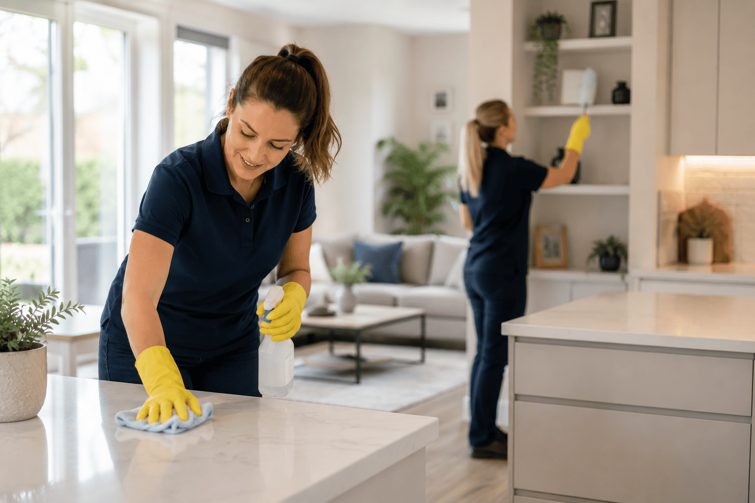 Professional cleaners wiping kitchen counters | HomeServices