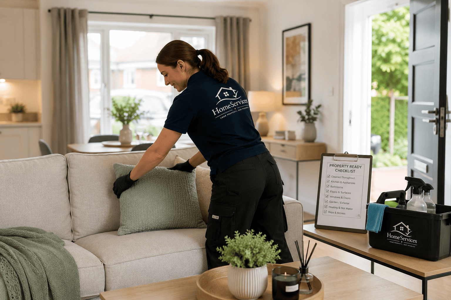 Woman arranging cushion on couch HomeServices (Property)