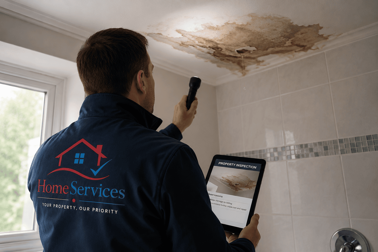 Technician inspecting water damaged ceiling HomeServices (Blog) (maintenance)