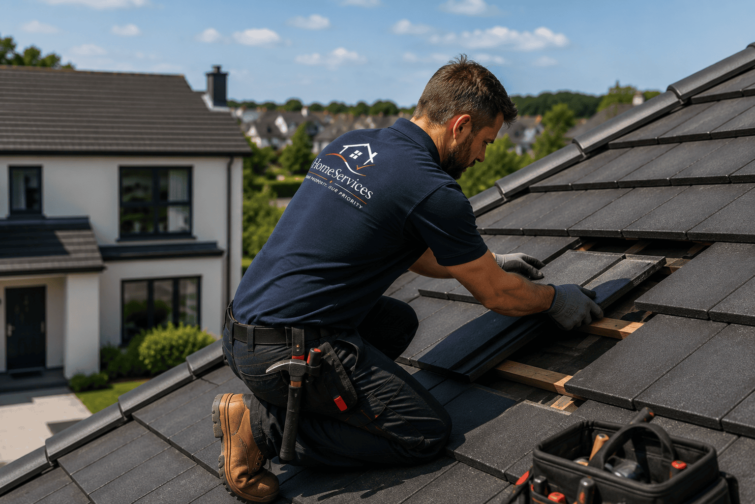 Technician repairing roof shingles on house | HomeServices (Property Services)