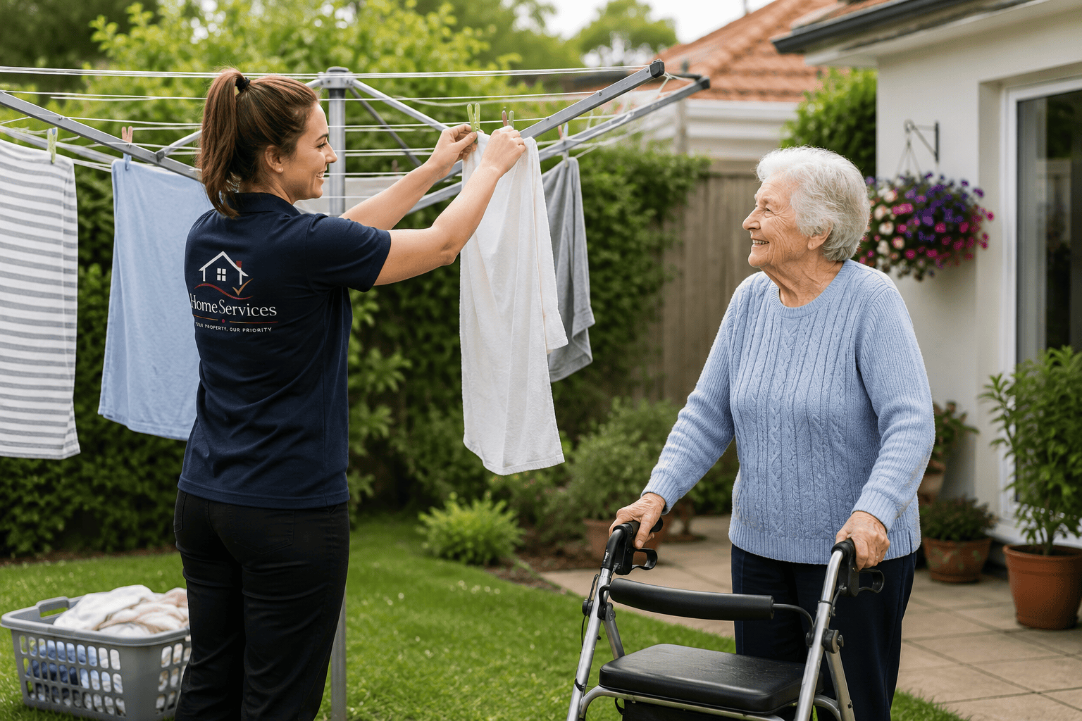 Caregiver hanging laundry for senior woman | HomeServices (Property Services)