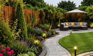 Landscaped garden with curved stone pathway | HomeServices