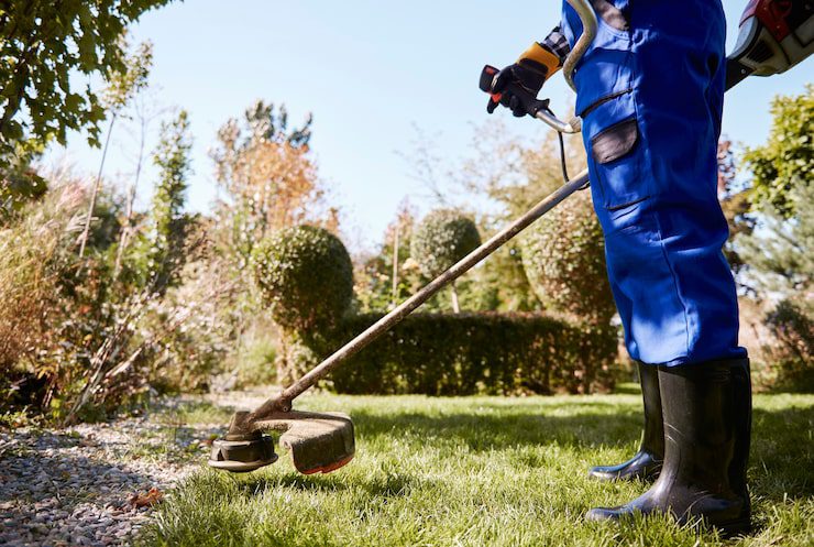 gardener with weedwacker cutting grass garden | HomeServices